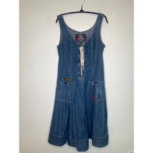 LRL Vintage Sleeveless Nautical Denim Dress Fit & Flare Lace Up Front EUC Sz 8